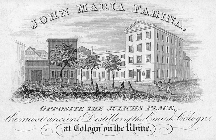 Early 19th-century English-language trade card of John Maria Farina, cologne manufacturer, showing Farina Haus, Köln. Early 19th-century English-language trade card of John Maria Farina, cologne manufacturer, showing Farina Haus, Köln.
