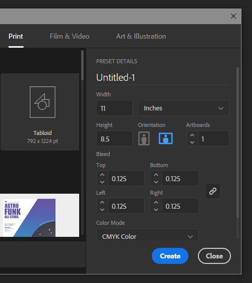 Create a new document in Adobe Illustrator CC