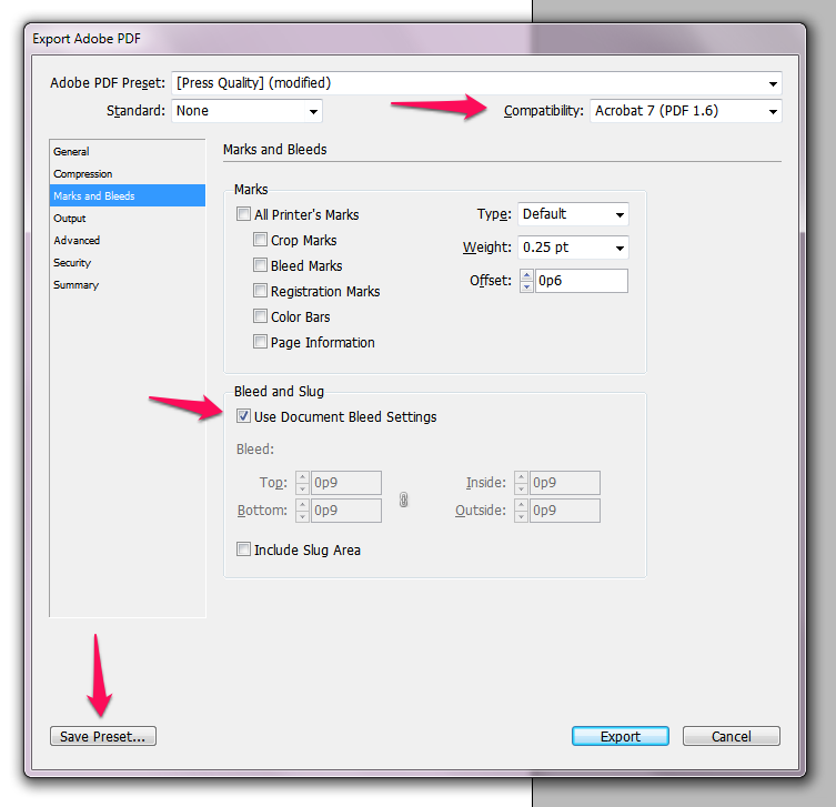 Custom PDF Preset Settings