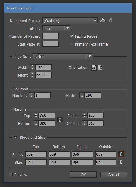 Creating a new document in InDesign